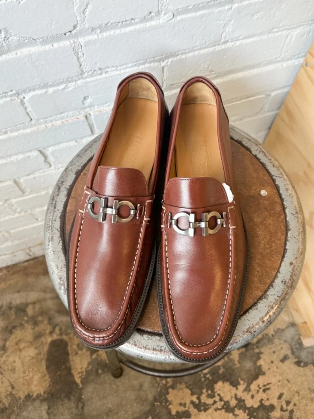 Salvatore Ferragamo David Gancini Bit Brown Leather Men's Loafers - US Size 13